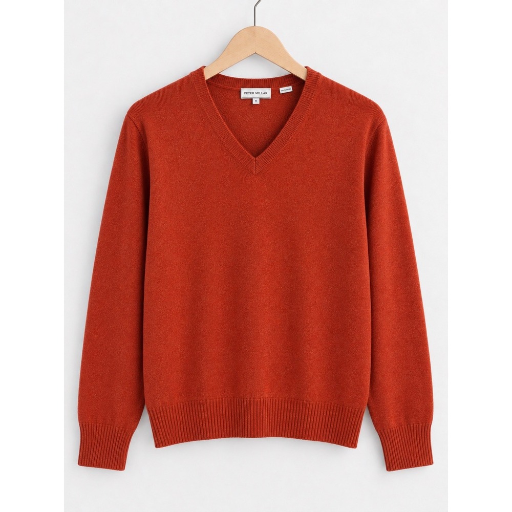 Peter Millar 100% Cashmere Men's V-Neck Sweater in Rust Orange Large